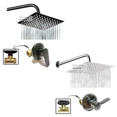 Paket Bundling Shower Tembok Kotak Stainless dan Stop Kran Tanam Engkol - Shower Mandi 10 inch Silve