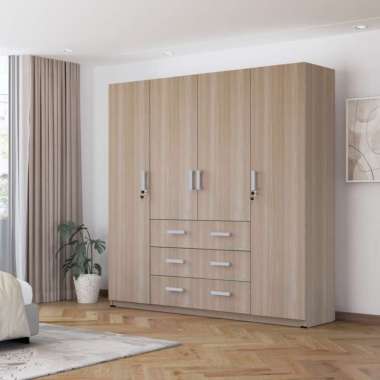 Kirana Idaho Lemari Pakaian Kayu 4 Pintu Swing Besar Modern Minimalis Snow Walnutt Cream Walnut