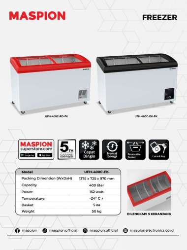 MASPION BY UCHIDA UFH-400C CHEST FREEZER BOX SLIDING 400 LITER putih