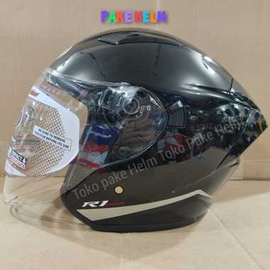 HELM NHK R1 MAX HITAM BLACK GLOSS HALF FACE DOUBLE VISOR XL