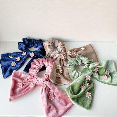 Ribbon Madness Velvet Blossom Scrunchies Sage Green