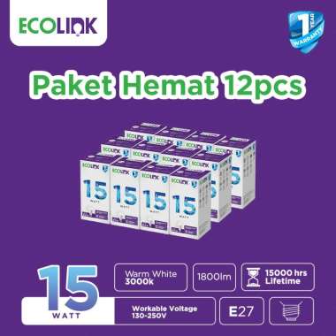 Paket 12pcs Ecolink LED Bulb 15W E27 - Warm White (Kuning)