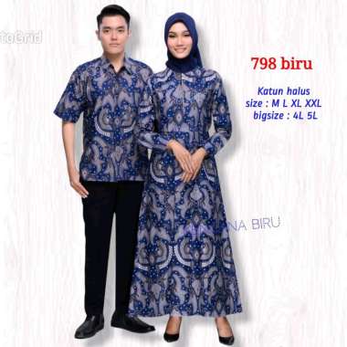798 Biru couple batik bigsize jumbo 4L 5L kemeja pria gamis Muslim wanita - GAMIS WANITA 5L