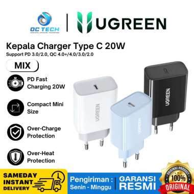 UGREEN USB Wall Charger USB TYPE C 20W 20WATT PD UGREEN CD137 Black ugreen 10191 HITAM-10191