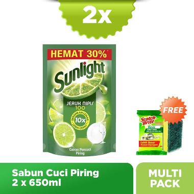 Buy 2 Get 1 - Sunlight Sabun Cuci Piring Dishwash Jeruk Nipis 10X Bersihkan Lemak Lebih Cepat [650mL] Free Sponge Scoth Brite [1 Pcs]