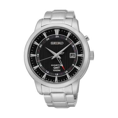 Jam Tangan Pria Seiko Sportura SUN033P1 Kinetic GMT Function Black Dial Stainless Steel Strap Silver