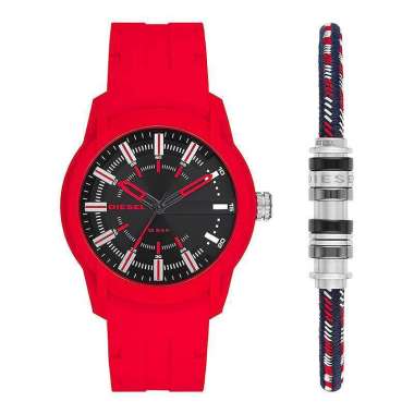 Jam Tangan Pria Diesel Armbar DZ1979SET Men Black Dial Red Rubber Strap Merah