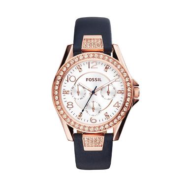 Fossil Riley Blue Leather Strap Rose Gold Jam Tangan Wanita Rose Gold