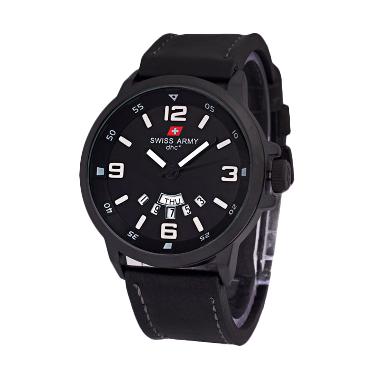 Swiss Army Strap Kulit [SA1128] Full Black Jam Tangan Sports Pria