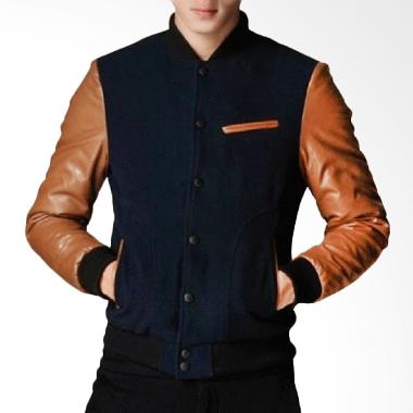 Jaket Pria Varsity Kulit Sintetis Model Baseball Lengan Coklat